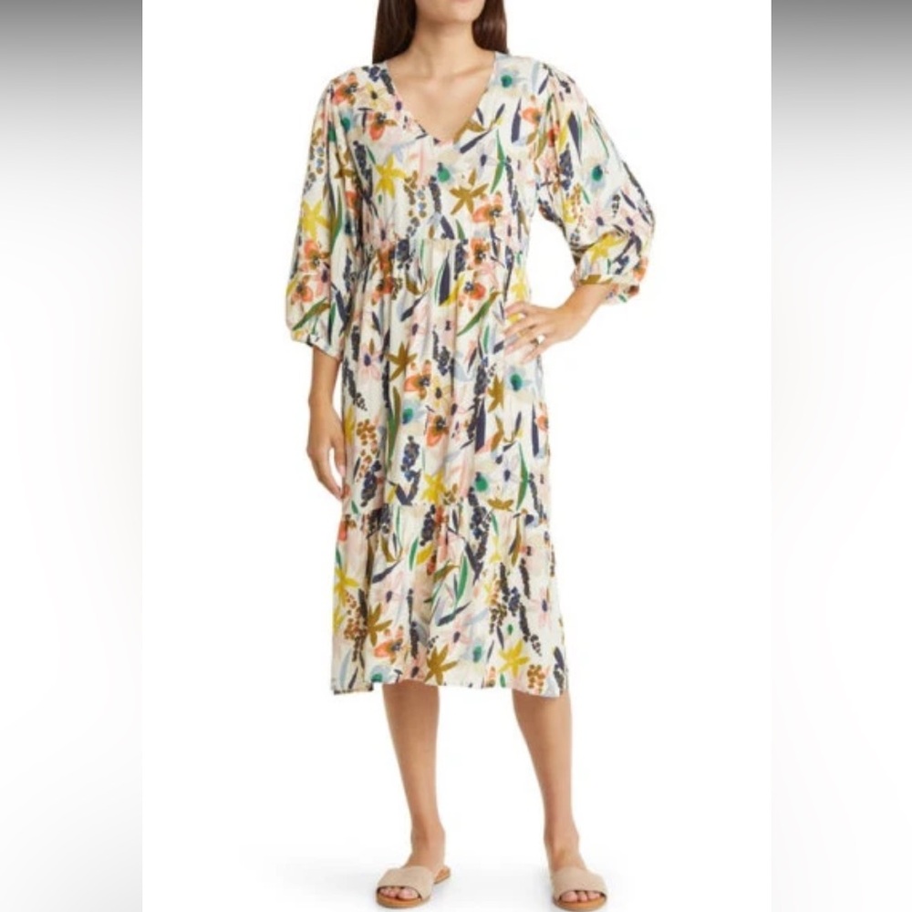 Masai Copenhagen Nette Floral Balloon‎ Sleeve Dress in Whitecap Midi Womens XXL